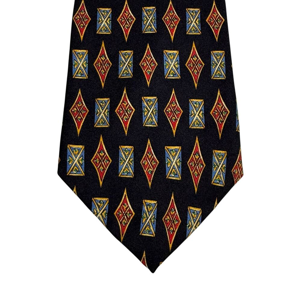 VTG Mark Cross New York‎ Silk Necktie Red Blue Gold Black Geometric Mens Tie